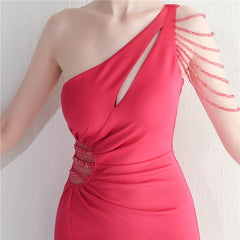 Beaded Rhinestone One-Shoulder Maxi Dress