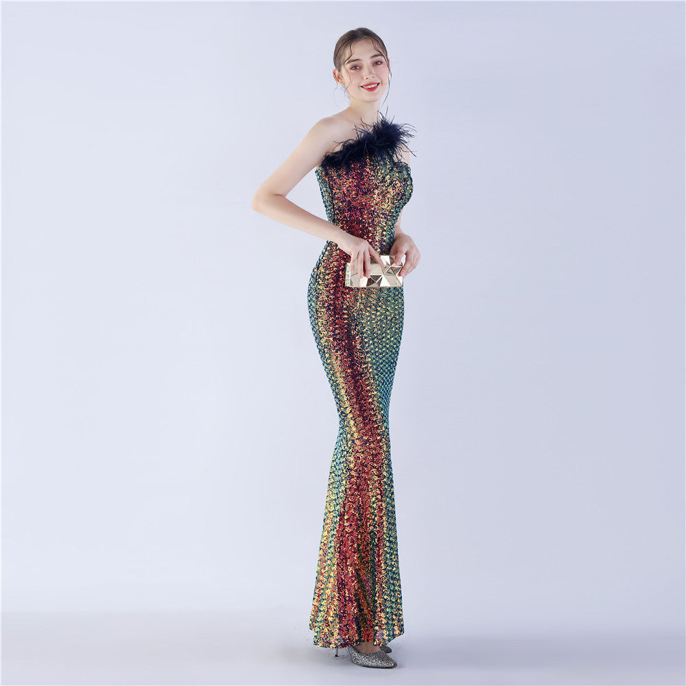 Asymmetric One-Shoulder Sequined Maxi Dress