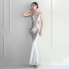 Sequined Beaded Fishtail Maxi Dress