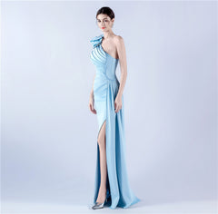 One-Shoulder Beaded Rhinestone Maxi Dress