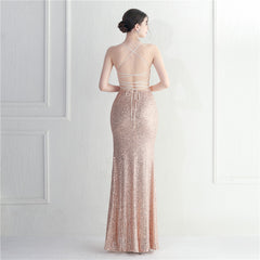 Crisscross Backless Sequined Maxi Dress