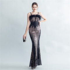Ostrich Feather Sequin Maxi Dress