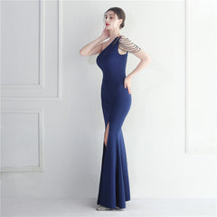Beaded One-Shoulder Split Maxi Dress
