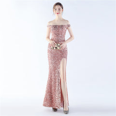 Off-Shoulder Sequin Split Maxi Dress