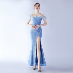 Off-Shoulder Sequin Feather Maxi Dress