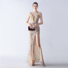 Ostrich Feather Beaded Maxi Dress