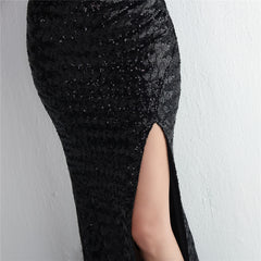 Sequined One-Shoulder Fishtail Maxi Dress