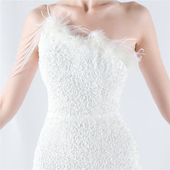 One-Shoulder Feathered Sequined Maxi Dress