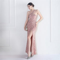 One-Shoulder Sequined Fishtail Maxi Dress