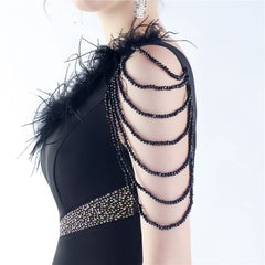 One-Shoulder Rhinestone Diagonal Collar Maxi Dress