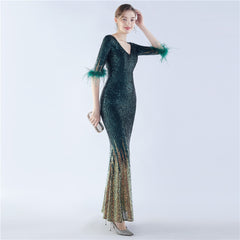Ostrich Feather Sequin Maxi Dress