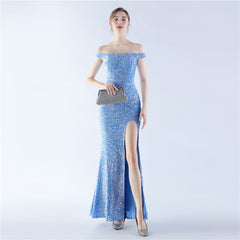 Off-Shoulder Sequin Split Maxi Dress