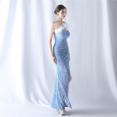 One-Shoulder Feathered Sequin Maxi Dress