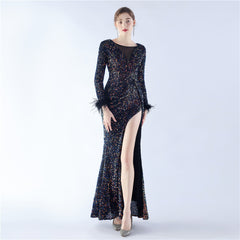 Ostrich Feather Sequined Maxi Dress
