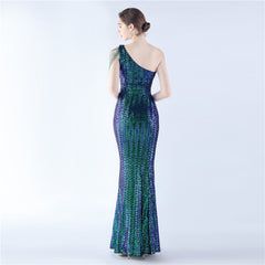 Sequin Beaded One-Shoulder Maxi Dress
