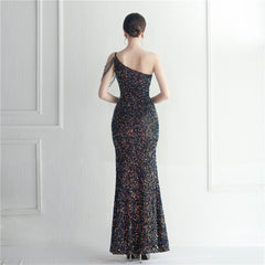 One-Shoulder Sequined Split Maxi Dress