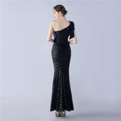 Sequined One-Shoulder Ostrich-Feather Maxi Dress