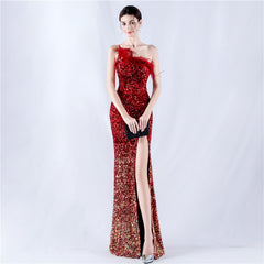 One-Shoulder Sequin Feather Maxi Dress