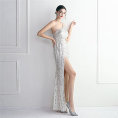 Sequin One-Shoulder Fishtail Maxi Dress