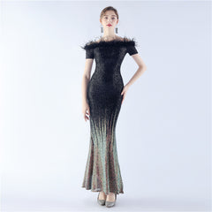 Off-Shoulder Ostrich Feather Sequin Maxi Dress