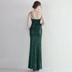 Sequin One-Shoulder Fishtail Maxi Dress