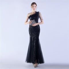 Beaded Sequined Ostrich Feather Maxi Dress