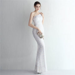 One-Shoulder Sequined Fishtail Split Maxi Dress