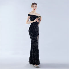 Off-Shoulder Sequin Split Maxi Dress