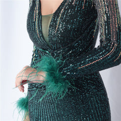 Ostrich Feather Gradient Sequin Maxi Dress