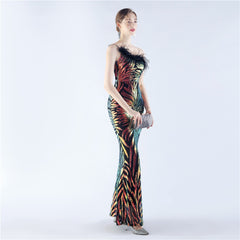 One-Shoulder Sequined Ostrich Feather Dress