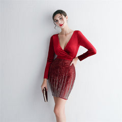 Sequined V-Neck Long-Sleeve Fishtail Dress