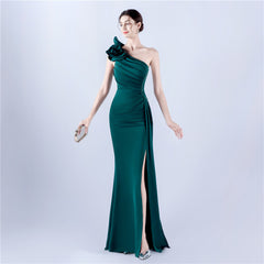 One-Shoulder Beaded Rhinestone Maxi Dress