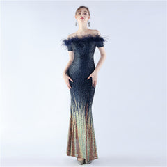 Off-Shoulder Ostrich Feather Sequin Maxi Dress