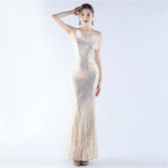 One-Shoulder Sequined Ostrich Feather Dress