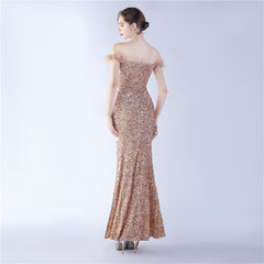 Off-Shoulder Sequin Feather Maxi Dress
