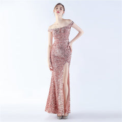 Off-Shoulder Sequin Split Maxi Dress