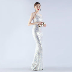 One-Shoulder Sequined Ostrich Feather Dress