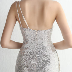 Sequin One-Shoulder Fishtail Maxi Dress