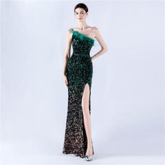 One-Shoulder Sequin Feather Maxi Dress