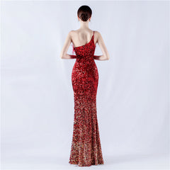 One-Shoulder Sequin Feather Maxi Dress