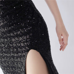 Sequined One-Shoulder Ostrich-Feather Maxi Dress