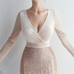Sequined V-Neck Long-Sleeve Fishtail Dress