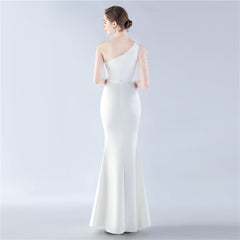 Beaded One-Shoulder Diagonal Collar Maxi Dress
