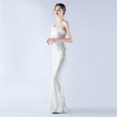 One-Shoulder Sequined Ostrich Feather Dress