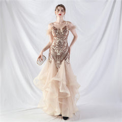 Feathered Sequin Maxi Dress