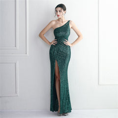 Sequin One-Shoulder Fishtail Maxi Dress
