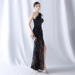 One-Shoulder Feathered Sequin Maxi Dress