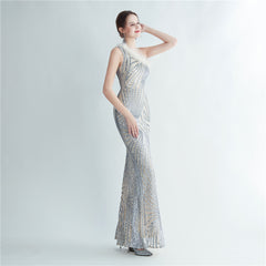 One-Shoulder Sequin Feather Maxi Dress