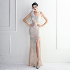 Sequined One-Shoulder Fishtail Maxi Dress
