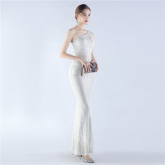 Sequin Beaded One-Shoulder Maxi Dress